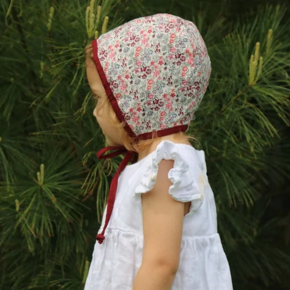 Charming Floral Kids Bonnet in Red and White - Picture 1 of 5